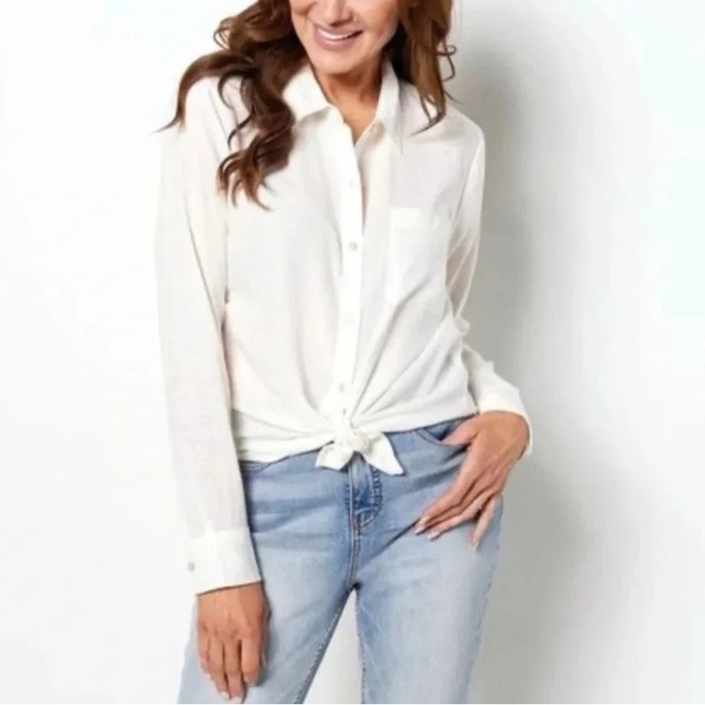 Candace Cameron Bure Linen Flax Blend Button Up Top